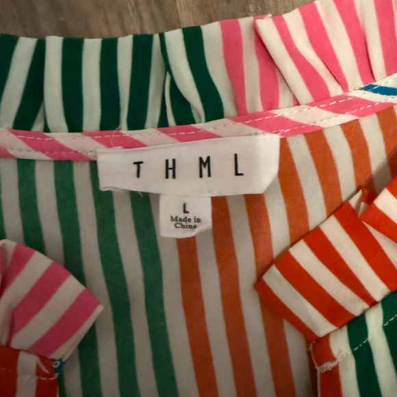 THML Multi Color Stripe Colorful Vneck Ruffle Peplum Blouse Top - Picture 2 of 4
